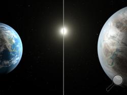 This artist's rendering made available by NASA on Thursday, July 23, 2015 shows a comparison between the Earth, left, and the planet Kepler-452b. It is the first near-Earth-size planet orbiting in the habitable zone of a sun-like star, found using data from NASA's Kepler mission. The illustration represents one possible appearance for the exoplanet - scientists do not know whether the it has oceans and continents like Earth. (NASA/Ames/JPL-Caltech/T. Pyle via AP)