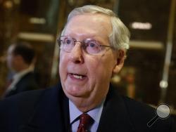 Senate Majority Leader Mitch McConnell of Ky. talks with reporters at Trump Tower in New York, Monday, Jan. 9, 2017, after meeting with President-elect Donald Trump. (AP Photo/Evan Vucci)