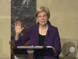 In this image from Senate Television, Sen. Elizabeth Warren, D-Mass., speaks on the floor of the U.S. Senate in Washington, Feb. 6, 2017, about the nomination of Betsy DeVos to be Education Secretary. The Senate will be in session around the clock this week as Republicans aim to confirm more of President Donald Trump's Cabinet picks over Democratic opposition. (Senate TV via AP)