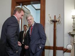 Supreme Court Justice nominee Neil Gorsuch meets with Senate Judiciary Committee member Sen. Jeff Flake, R-Ariz., Wednesday, Feb. 8, 2017, on Capitol Hill in Washington. (AP Photo/J. Scott Applewhite)