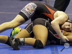 Mack Beggs, top, a transgender wrestler from Euless Trinity High School, competes in a quarterfinal match against Mya Engert, of Amarillo Tascosa, during the State Wrestling Tournament, Friday, Feb. 24, 2017, in Cypress, Texas. Beggs was born a girl and is transitioning to male but wrestles in the girls division. ( Melissa Phillip/Houston Chronicle via AP)
