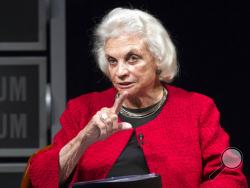 FILE - In this April 11, 2012, file photo, former Supreme Court Justice Sandra Day O'Connor speaks during a forum to celebrate the 30th anniversary of O'Connor's appointment to the Supreme Court, at the Newseum in Washington. The Supreme Court is expelling a workout class founded by its first female justice, O’Connor. The class of Washington-area residents was allowed to work out at the basketball court one floor above where the justices hear cases. But O’Connor left the bench a decade ago and the gym is in