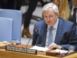 In this photo provided by the United Nations, Stephen O'Brien, the U.N's Under-Secretary-General for Humanitarian Affairs and Emergency Relief Coordinator, addresses the U.N. Security Council at U.N. headquarters, Friday, March 10, 2017. O'Brien said that the world faces the largest humanitarian crisis since the United Nations was founded in 1945, with more than 20 million people in four countries facing starvation and famine. (Manuel Elias/The United Nations via AP)