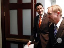 House Speaker Paul Ryan of Wis., left, and director of the Office of Management and Budget Mick Mulvaney arrive for a Republican caucus meeting on Capitol Hill, Thursday, March 23, 2017, in Washington. (AP Photo/Alex Brandon)