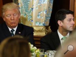 FILE - In this March 16, 2017 file photo, President Donald Trump sits with House Speaker Paul Ryan of Wis. on Capitol Hill in Washington. Congressional Republicans on Monday, March 27, 2017, pointed fingers and assigned blame after their epic failure on health care and a weekend digesting the outcome. (AP Photo/Evan Vucci, File)