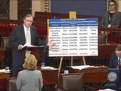 In this frame grab from video provided by Senate Television, Sen. Jeff Merkley, D-Ore. speaks on the floor of the Senate on Capitol Hill in Washington, Wednesday, April 5, 2017. Merkley held the Senate floor through the night and was still going in an attention-grabbing talk-a-thon highlighting his party’s opposition to President Donald Trump’s Supreme Court nominee, Neil Gorsuch. (Senate Television via AP)