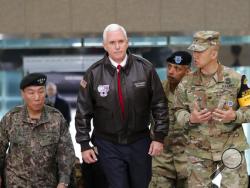 U.S. Vice President Mike Pence arrives at the border village of Panmunjom in the Demilitarized Zone (DMZ) which has separated the two Koreas since the Korean War, South Korea, Monday, April 17, 2017. (AP Photo/Lee Jin-man)
