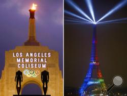 FILE - At left is a Feb. 13, 2008, file photo showing the facade of Los Angeles Memorial Coliseum in Los Angeles. At right, in a Feb. 3, 2017, file photo, the Eiffel Tower is lit with colors for Paris 2024 during the launch of the international campaign of Paris as candidate for the 2024 Olympic summer games in Paris. Officially, Los Angeles and Paris are the only two bidders left for the 2024 Games that will be awarded in September at a meeting of Olympic leaders in Lima, Peru. On the table, however, is a 