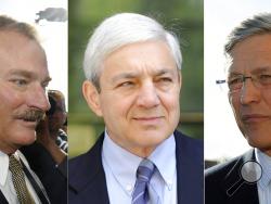 This file photo combination shows former Penn State vice president Gary Schultz, left, former Penn State athletic director Tim Curley, right, and former Penn State President Graham Spanier, center, in Harrisburg, Pa. Schultz, Curley and Spanier are scheduled to be sentenced for child endangerment Friday, June 2, 2017, in Harrisburg, Pa., for failing to report now-convicted sexual predator Jerry Sandusky to authorities in 2001. (AP Photos, File)
