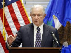 In this July 12, 2017, file photo, Attorney General Jeff Sessions speaks in Las Vegas. President Donald Trump says he never would have appointed Sessions as attorney general had he known Sessions would recuse himself from overseeing the Russia investigation. Trump makes the extraordinary statement about Sessions in an interview with the New York Times Wednesday, July 19. (AP Photo/John Locher, File)