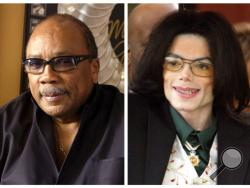 In this combination photo, Quincy Jones appears at his home in Los Angeles, Calif., on April 9, 2004, left, and Michael Jackson arrives to court on March 2, 2005, in Santa Maria, Calif. On Wednesday, July 26, 2017, a jury found that Jackson’s estate owes Jones $9.4 million in royalties and production fees from “Billie Jean,” “Thriller” and more of the superstar’s biggest hits. (AP Photo/File)
