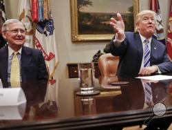 FILE - In this June 6, 2017 file photo, Senate Majority Leader Mitch McConnell of Ky. listens as President Donald Trump, speaks in the Roosevelt Room of the White House in Washington. The rift between President Donald Trump and Senate Majority Leader Mitch McConnell is poised to have lasting consequences on the GOP legislative agenda and Republicans' re-election prospects. (AP Photo/Pablo Martinez Monsivais, File)