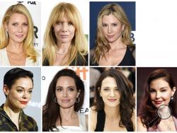 This combination photo shows actresses, top row from left, Gwyneth Paltrow, Rosanna Arquette, Mira Sorvino and bottom row from left, Rose McGowan, Angelina Jolie Pitt, Asia Argento and Ashley Judd, who are among the many women who have spoken out against Harvey Weinstein in on-the-record reports that detailed claims of sexual abuse. (AP Photo/File)