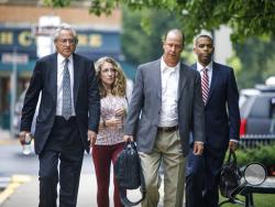FILE - In this July 11, 2017 file photo, attorney Tom Kline, left, and Evelyn and James Piazza, third from left, arrive at the Centre County Courthouse in Bellefonte, Pa., for a preliminary hearing on charges related to the fraternity hazing death of their son Penn State student Timothy Piazza. Twenty-six people are charged in the Penn State case over the February death of Piazza, a 19-year-old student from New Jersey. The deaths of at least four fraternity pledges this year have helped fuel a re-examinatio