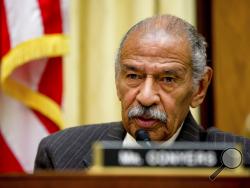 FILE - In this May 24, 2016, file photo, Rep. John Conyers, D-Mich., ranking member on the House Judiciary Committee, speaks on Capitol Hill in Washington during a hearing. Conyers said he is stepping aside as the top Democrat on the House Judiciary Committee amid a congressional investigation into allegations he sexually harassed female staff members. In a statement Sunday, Nov. 26, 2017, Conyers said he denies the allegations and would like to keep his leadership role on the panel. (AP Photo/Andrew Harnik