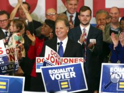 Democrat Doug Jones speaks Tuesday, Dec. 12, 2017, in Birmingham, Ala. In a stunning victory aided by scandal, Jones won Alabama's special Senate election, beating back history, an embattled Republican opponent and President Donald Trump, who urgently endorsed GOP rebel Roy Moore despite a litany of sexual misconduct allegations. (AP Photo/John Bazemore)