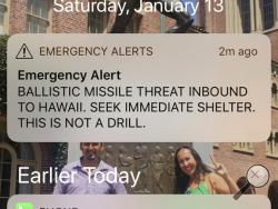This smartphone screen capture shows a false incoming ballistic missile emergency alert sent from the Hawaii Emergency Management Agency system on Saturday, Jan. 13, 2018. (AP Photo/Jennifer Kelleher)