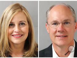 This combination of photos provided by the Metropolitan Nashville Police Department shows Nashville Mayor Megan Barry, left, and her former bodyguard, retired police Sgt. Robert Forrest. Barry resigned Tuesday, March 6, 2018, after pleading guilty to cheating the city out of thousands of dollars as she carried on an affair with Forrest. (Metropolitan Nashville Police Department via AP)