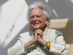 FILE - In a Thursday, Aug. 22, 2013, file photo, former first lady Barbara Bush listens to a patient's question during a visit to the Barbara Bush Children's Hospital at Maine Medical Center in Portland, Maine. A family spokesman said Sunday, April 15, 2018, that the former first lady Barbara Bush is in "failing health" and won't seek additional medical treatment. (AP Photo/Robert F. Bukaty, File)