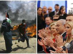 In this photo combination, Palestinians protest near the border of Israel and the Gaza Strip, left, and on the same day dignitaries, from left, Sara Netanyahu, her husband Israeli Prime Minister Benjamin Netanyahu, Senior White House Advisor Jared Kushner, and U.S. President Donald Trump's daughter, Ivanka Trump, applaud at the opening ceremony of the new U.S. embassy in Jerusalem on Monday, May 14, 2018. Netanyahu praised the inauguration of the embassy as a "great day for peace," as dozens of Palestinians