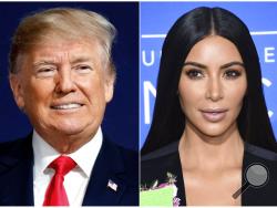This combination photo shows President Donald Trump at a campaign rally in Moon Township, Pa., on March 10, 2018, left, and Kim Kardashian West at the NBCUniversal Network 2017 Upfront in New York on May 15, 2017. Kardashian West arrived at the White House for a meeting with presidential senior adviser Jared Kushner, the president's son-in-law. She has urged the president to pardon Alice Marie Johnson, who is serving a life sentence without parole for a nonviolent drug offense. (Photo by Evan Agostini/Invis
