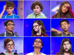 In this combination of photos, students compete in the Scripps National Spelling Bee in Oxon Hill, Md., on May 29-30, 2018. The contestants are, top row, from left: Isaac Phillips, from Ponchatoula, La., Brody Dicks, from Park City, Utah, and Natalia Lutz, from Huntington Station, N.Y.; middle row, from left: Shiva Yeshlur, from Rock Springs, Wyo., Sophia Clark, from White Marsh, Md., and Nicholas Lee, from Rancho Cucamonga, Calif.; bottom row, from left: Eleanor Tallman, Shria Halkoda, from Wadsworth, Ill.
