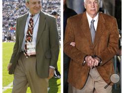 FILE – In this file photo combination, Penn State President Graham Spanier, left, walks on the field before an NCAA college football game Oct. 8, 2011, in State College, Pa., and former Penn State assistant football coach Jerry Sandusky leaves in custody after being found guilty of child sexual abuse charges on June 22, 2012, at the Centre County Courthouse in Bellefonte, Pa. Spanier lost an appeal Tuesday, June 26, 2018, of his misdemeanor conviction for child endangerment over his handling of a 2001 compl