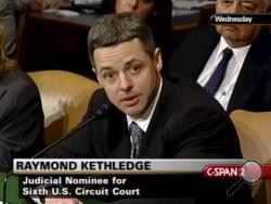 In this May 7, 2008, image from video provided by C-SPAN, Raymond Kethledge testifies during his confirmation hearing for the Sixth U.S. Circuit Court on Capitol Hill in Washington. President Donald Trump is closing in on his next Supreme Court nominee, with three federal judges leading the competition to replace retiring Justice Anthony Kennedy. Trump's top contenders for the vacancy at this time are federal appeals judges Amy Coney Barrett, Brett Kavanaugh and Raymond Kethledge, said a person familiar wit