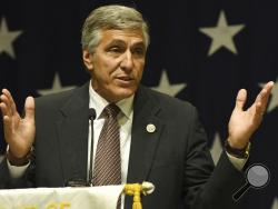 Republican U.S. Senate candidate Lou Barletta speaks to the Pennsylvania American Legion Convention, Friday, July 13, 2018, in Harrisburg, Pa. Barletta, in his fourth term in the U.S. House, is challenging Pennsylvania's Democratic U.S. Sen. Bob Casey in the November election. (AP Photo/Marc Levy)