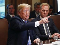 President Donald Trump gestures while speaking during his meeting with members of his cabinet in Cabinet Room of the White House in Washington, Wednesday, July 18, 2018. Looking on is Deputy Secretary of Defense Patrick Shanahan. (AP Photo/Pablo Martinez Monsivais)