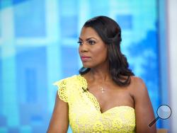 This image released by NBC Today shows reality TV personality and former White House staffer Omarosa Manigault Newman during an interview on the "Today" show on Monday, Aug. 13, 2018, in New York. Manigault Newman was promoting her book "Unhinged." (Zach Pagano/NBC via AP)