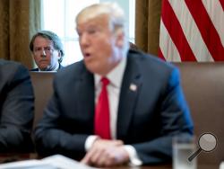 FILE- In this Aug. 16, 2018, file photo White House counsel Donald McGahn, left, listens as President Donald Trump speaks during a cabinet meeting in the Cabinet Room of the White House in Washington. Trump insisted Sunday, Aug. 19, that McGahn isn't "a John Dean type 'RAT,'" making reference to the Watergate-era White House attorney who turned on Richard Nixon. Trump, in a series of angry tweets, blasted a New York Times story reporting that McGahn has been cooperating extensively with the special counsel 