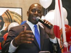 Andrew Gillum addresses his supporters after winning the Democrat primary for governor on Tuesday, Aug. 28, 2018, in Tallahassee, Fla. (AP Photo/Steve Cannon)