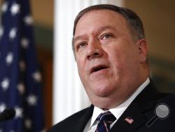 Secretary of State Mike Pompeo speaks about refugees as he makes a statement to the media Monday, Sept. 17, 2018, at the State Department in Washington. (AP Photo/Jacquelyn Martin)