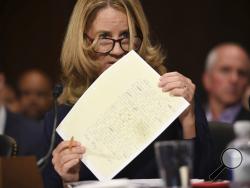 Christine Blasey Ford testifies to the Senate Judiciary Committee on Capitol Hill in Washington, Thursday, Sept. 27, 2018. (Saul Loeb/Pool Photo via AP)