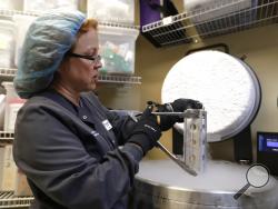In this Tuesday, Oct. 2, 2018 photo, Kimberly Malm removes a container with frozen embryos and sperm being stored in liquid nitrogen at a fertility clinic in Fort Myers, Fla. Tens of thousands of embryos remain frozen in fertility clinics around the United States, in limbo or abandoned by couples who can't agree or have walked away from deciding what to do with leftovers from pregnancy attempts. (AP Photo/Lynne Sladky)