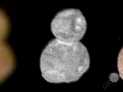 This image made available by NASA on Wednesday, Jan. 2, 2019 shows images with separate color and detail information, and a composited image of both, showing Ultima Thule, about 1 billion miles beyond Pluto. The New Horizons spacecraft encountered it on Tuesday, Jan. 1, 2019. (NASA via AP)