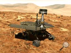 FILE - This illustration made available by NASA shows the rover Opportunity on the surface of Mars. The exploratory vehicle landed on Jan. 24, 2004, and logged more than 28 miles (45 kilometers) before falling silent during a global dust storm in June 2018. There was so much dust in the Martian atmosphere that sunlight could not reach Opportunity's solar panels for power generation. (NASA via AP)