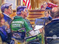 This courtroom sketch depicts former Trump campaign chairman Paul Manafort, center in a wheelchair, during his sentencing hearing in federal court before judge T.S. Ellis III in Alexandria, Va., Thursday, March 7, 2019. Manafort was sentenced to nearly four years in prison for tax and bank fraud related to his work advising Ukrainian politicians, a significant break from sentencing guidelines that called for a 20-year prison term. (Dana Verkouteren via AP)