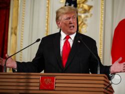 President Donald Trump speaks during a news conference with Japanese Prime Minister Shinzo Abe, at Akasaka Palace, Monday, May 27, 2019, in Tokyo. (AP Photo/Evan Vucci)