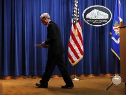 Special counsel Robert Mueller walks from the podium after speaking at the Department of Justice Wednesday, May 29, 2019, in Washington, about the Russia investigation. (AP Photo/Carolyn Kaster)