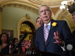 Senate Majority Leader Mitch McConnell of Ky., speaks to reporters following the weekly policy lunches on Capitol Hill in Washington, Tuesday, June 4, 2019. (AP Photo/Susan Walsh)
