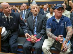 Entertainer and activist Jon Stewart lends his support to firefighters, first responders and survivors of the September 11 terror attacks at a hearing by the House Judiciary Committee as it considers permanent authorization of the Victim Compensation Fund, on Capitol Hill in Washington, Tuesday, June 11, 2019. (AP Photo/J. Scott Applewhite)
