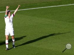 United States' Megan Rapinoe celebrates after scoring her side's second goal from the penalty spot during the Women's World Cup round of 16 soccer match between Spain and United States at Stade Auguste-Delaune in Reims, France, Monday, June 24, 2019. (AP Photo/Thibault Camus)