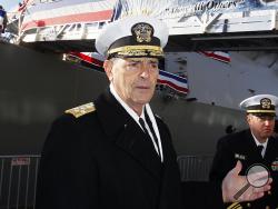 FILE - In this Dec. 1, 2018 file photo, Vice Chief of Naval Operations, Adm. William Moran describes the function of the USS Thomas Hudner prior to its commissioning ceremony in Boston. Moran, the Navy admiral set to become his service's top officer on Aug. 1, 2019, says he will instead retire. The extraordinary downfall of Moran was prompted by what Navy Secretary Richard Spencer on Sunday, July 7 called poor judgment. Spencer faulted Moran for having a professional relationship with a person who had been 