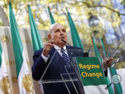 Former New York Mayor Rudy Giuliani speaks at a rally supporting a regime change in Iran outside United Nations headquarters on the first day of the general debate at the U.N. General Assembly, Tuesday, Sept. 24, 2019, in New York. (AP Photo/Jason DeCrow)