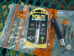 FILE - In this May 8, 2019, file photo, a Yolo! brand CBD oil vape cartridge sits alongside a vape pen on a biohazard bag on a table at a park in Ninety Six, S.C. More than 50 people around Salt Lake City had been poisoned by the time the outbreak ended early last year, most by a vape called Yolo!, the acronym for "you only live once." (AP Photo/Allen G. Breed, File)
