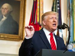 President Donald Trump speaks Sunday, Oct. 27, 2019 in the Diplomatic Room of the White House in Washington, announcing that Abu Bakr al-Baghdadi, the shadowy leader of the Islamic State group who presided over its global jihad and became arguably the world's most wanted man, is dead after being targeted by a U.S. military raid in Syria. (AP Photo/Manuel Balce Ceneta)