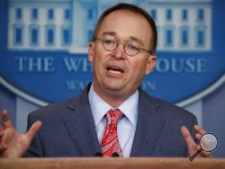 FILE - In this Oct. 17, 2019 file photo, acting White House chief of staff Mick Mulvaney speaks in the White House briefing room in Washington. (AP Photo/Evan Vucci, File)