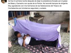 This screen grab of a tweet posted on the account of Bolivia's former President Evo Morales on Monday, Nov. 11, 2019, shows him lying on the floor at an undisclosed location and a text that reads in Spanish "This was my first night after leaving the presidency forced by a coup by Mesa and Camacho with the help of the police. I remembered my times as leader. I'm grateful to my brothers from the of Cochabamba tropic's federations for providing us with security and care." Morales resigned to the presidency on 